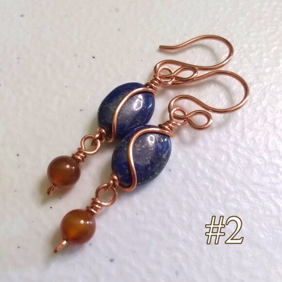 Copper Wire Wrapped Earrings ~ Lapis Lazuli & Russet Agate | Fall Jewelry - Picture 1 of 9